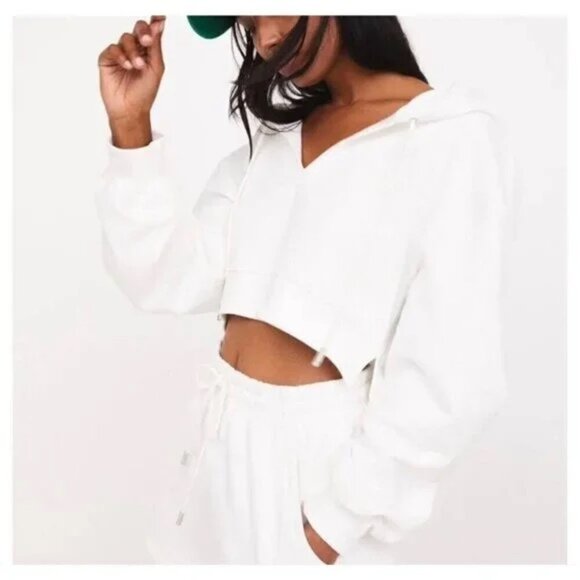 For Love and Lemons White Cropped Hooded Sweatshirt - Size Extra Small - Picture 15 of 16